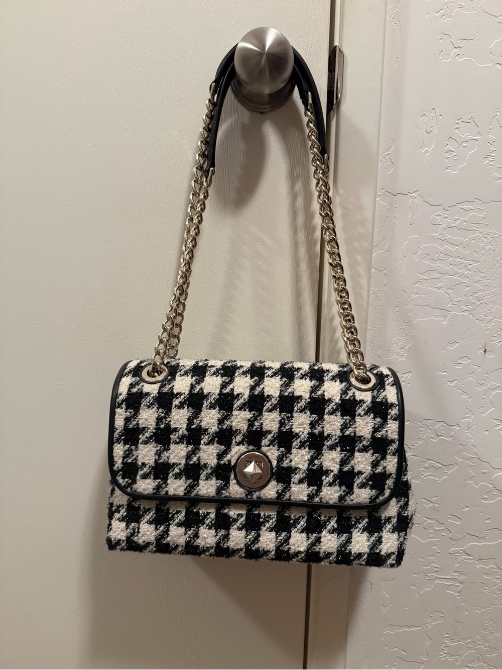 Kate Spade Natalia Medium Flap Shoulder Bag – Black & White Houndstooth Tweed